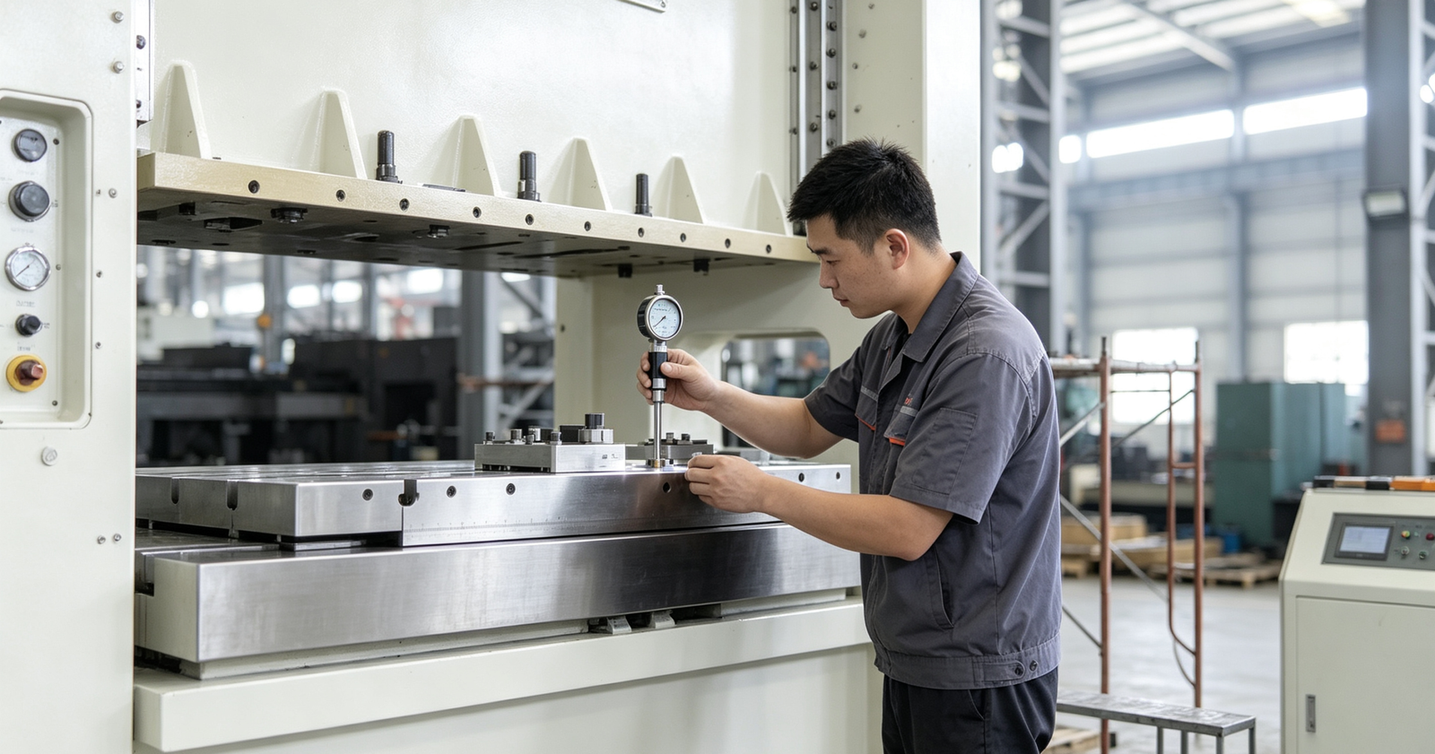 Stamping press precision inspection — maintenance technician checking press components