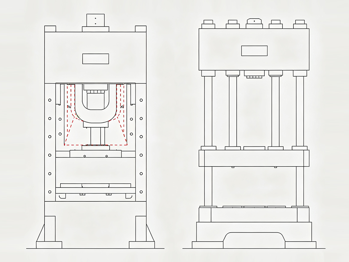 Frame deflection contrast diagram showing C-frame vs straight side press deformation under offset load
