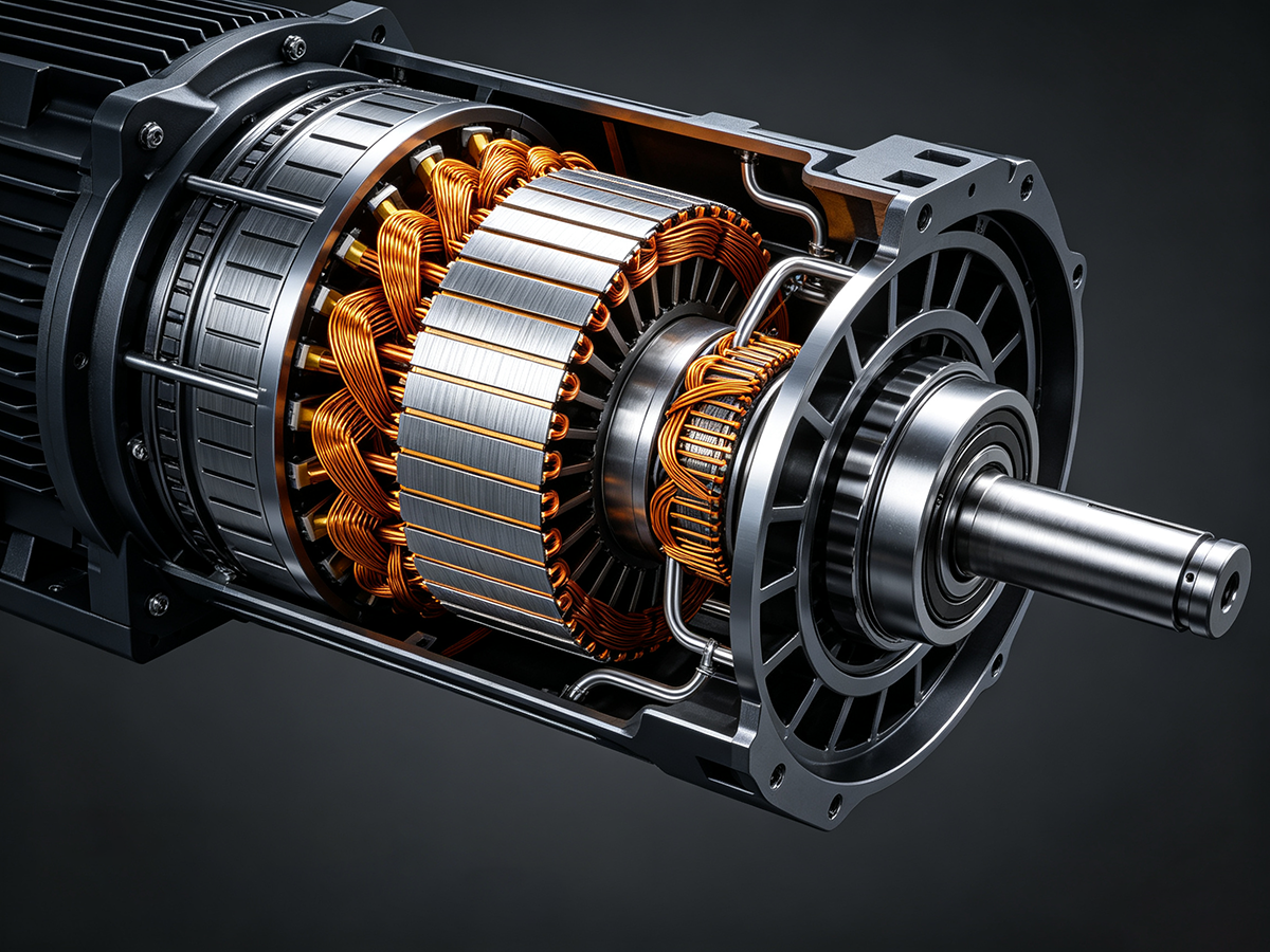 EV motor cross-section — rotor, stator, silicon steel laminations structure