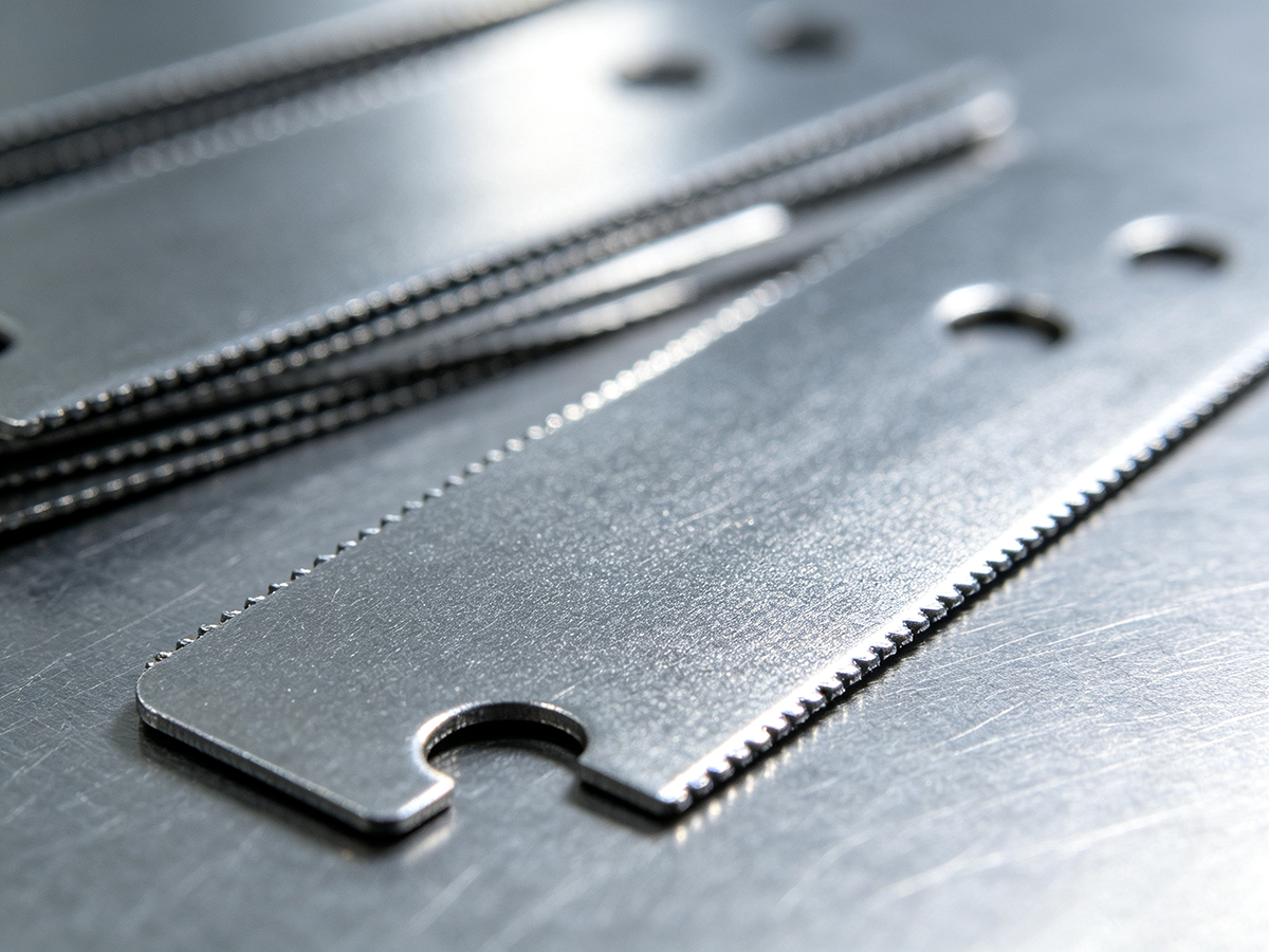 Single silicon steel lamination close-up — precision-stamped slots and interlocking tabs