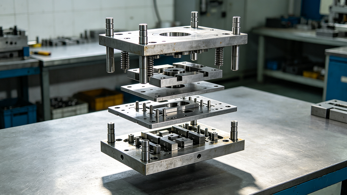 Progressive die for EV motor lamination stamping — multi-station unfolded view