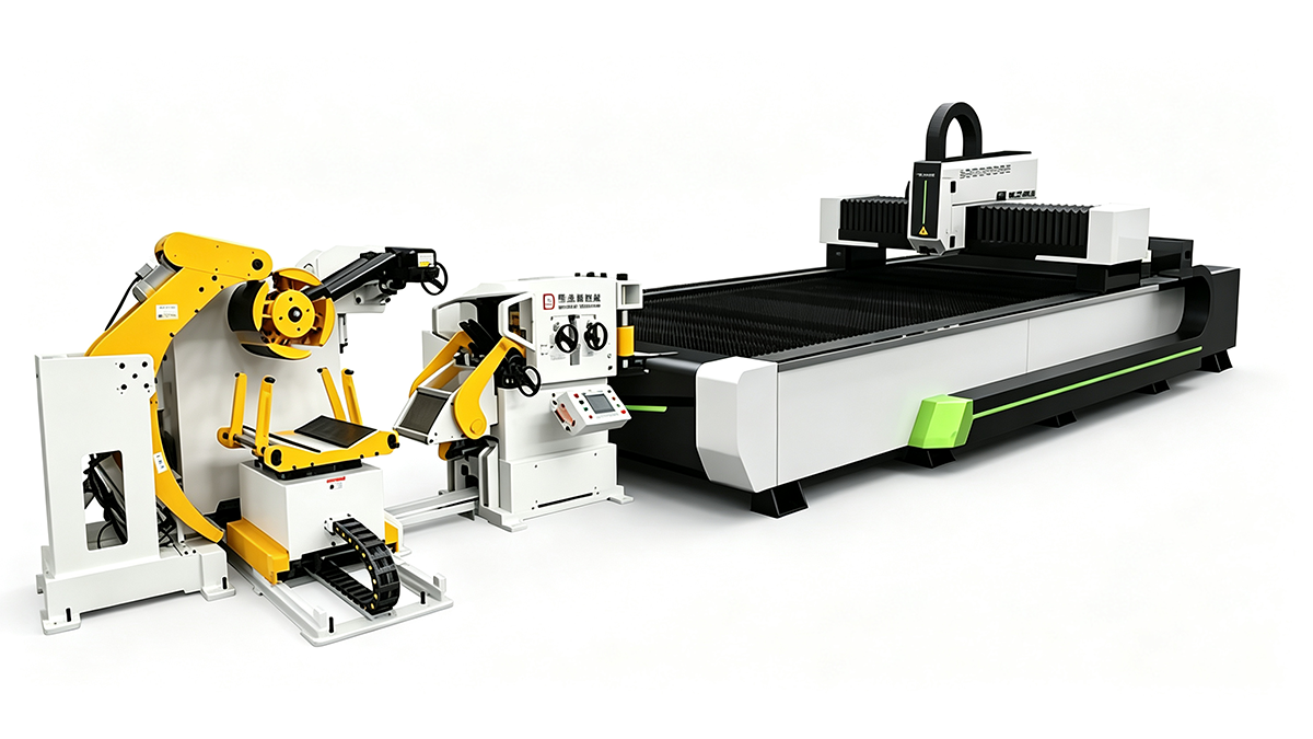 Complete metal stamping production line layout — uncoiler, leveler, feeder, press, and collection