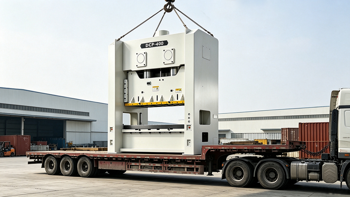 Stamping press loading for export — container shipping